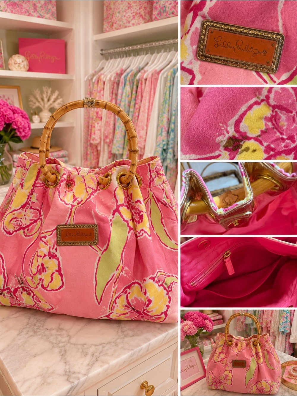 Lilly Pulitzer Pink & Yellow Floral Bamboo-Handle Shoulder Bag